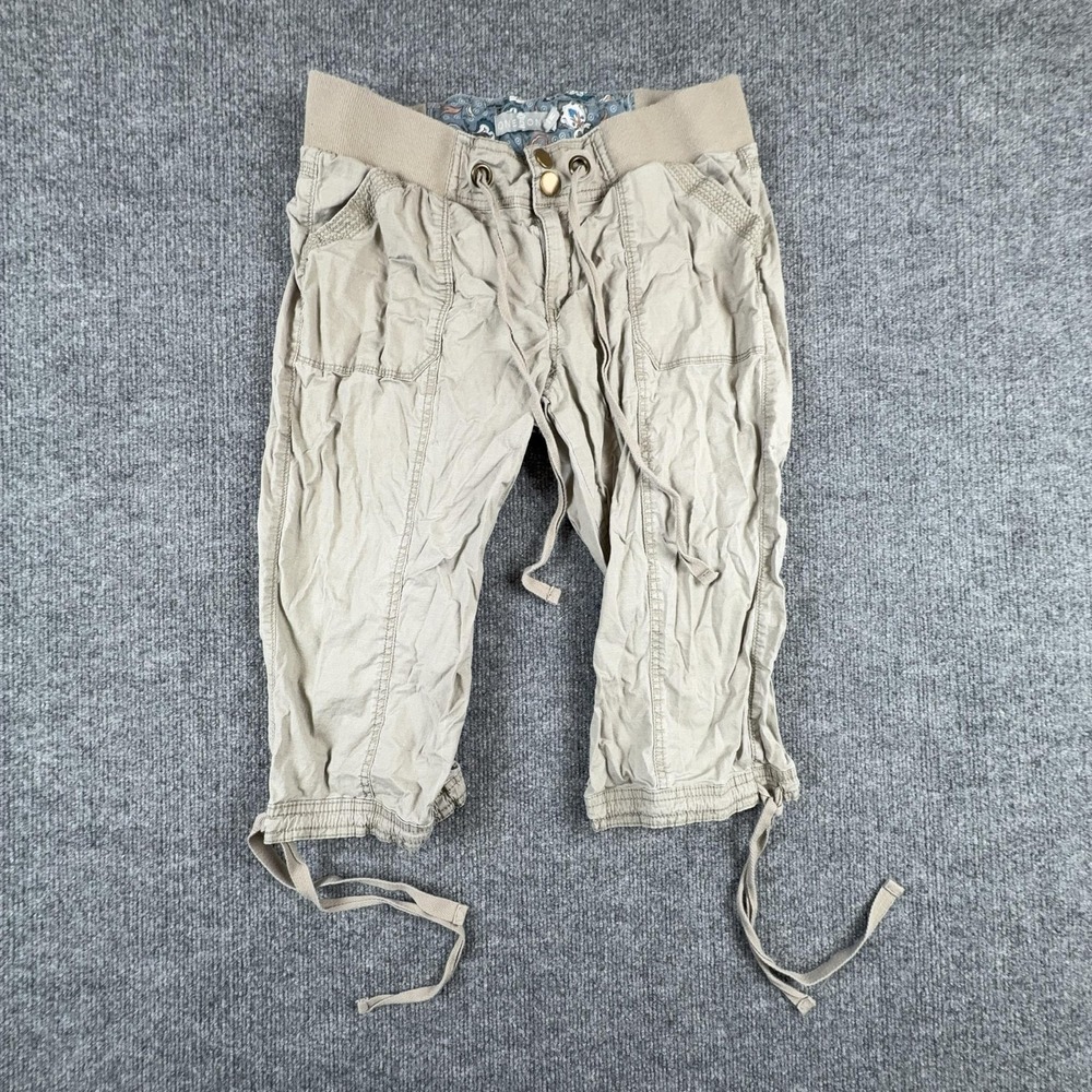 ONE 5 ONE Capri Pants Womens Medium Beige Twill Drawstring Ruched Elastic Y2K